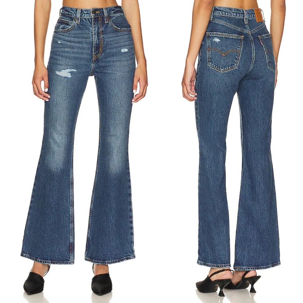 Levis Jeans Womens Size 27 Blue Medium Wash 70s High Flare Distressed Denim